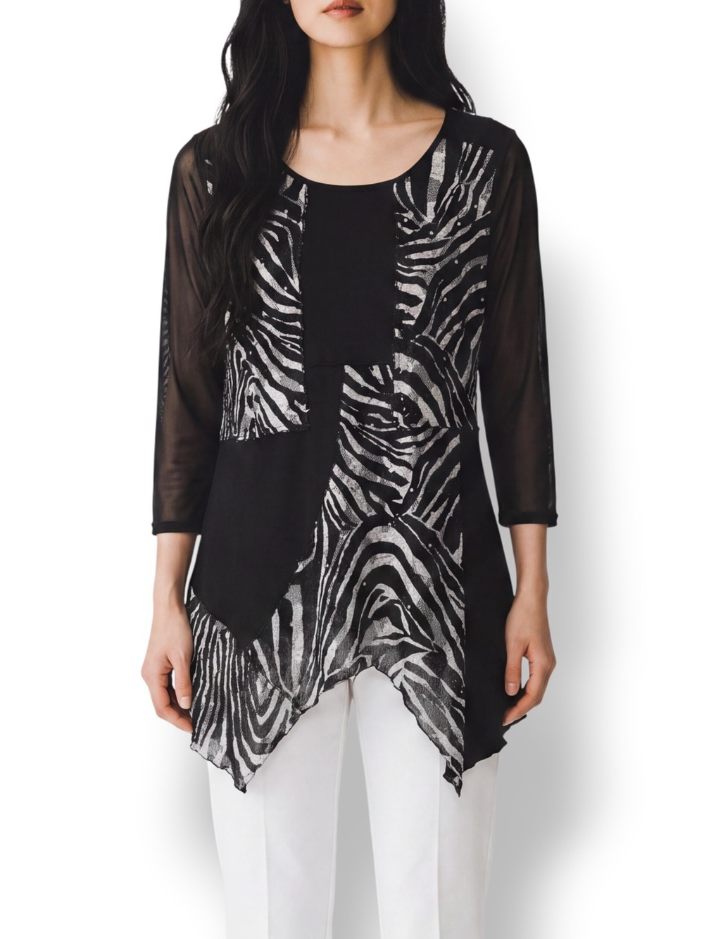 4/$20 Style & Co Black White Zebra Lace Rhinestone Asymmetrical Tunic Top Medium